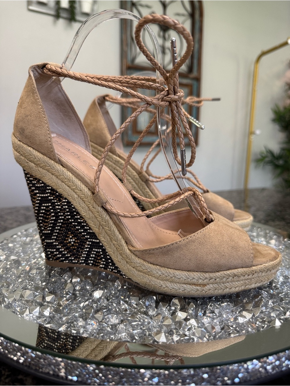 Charles By Charles David Neutral Tan Espadrille Wedge Sandals with beaded wedge
